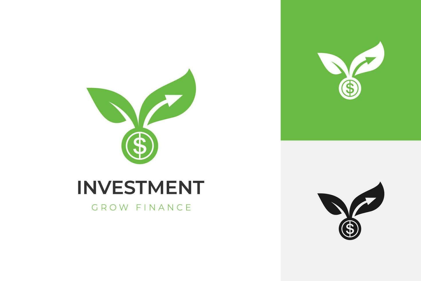 money grow investment logo design combined money leaf, arrow vector icon illustration for finance, economy grow up logo