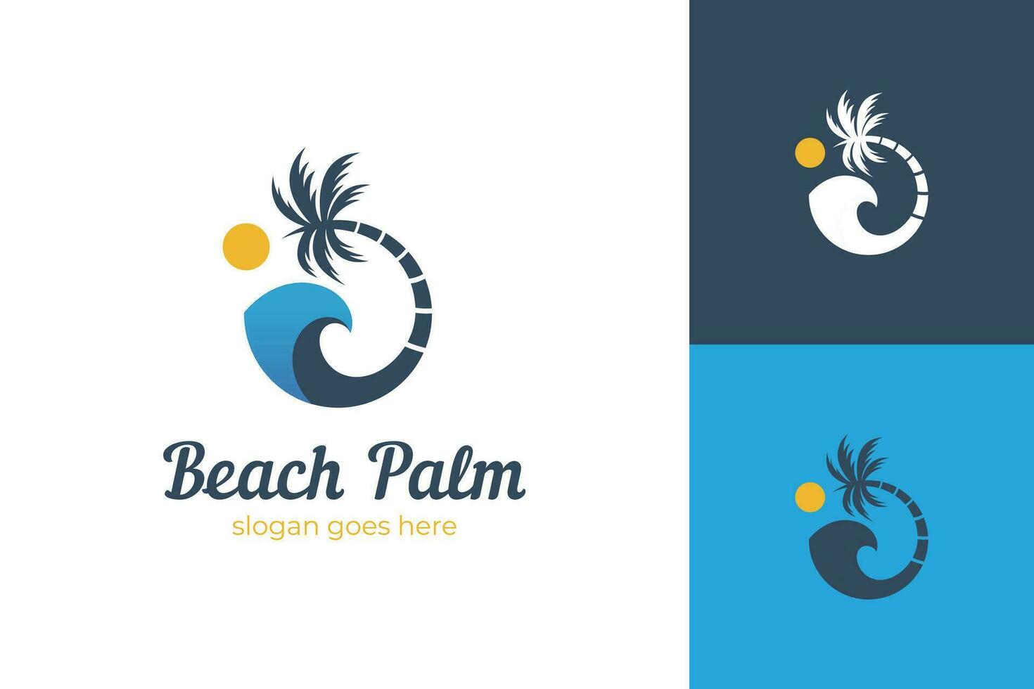 playa palma y isla logo diseño con ola vector diseño de circular playa íconos