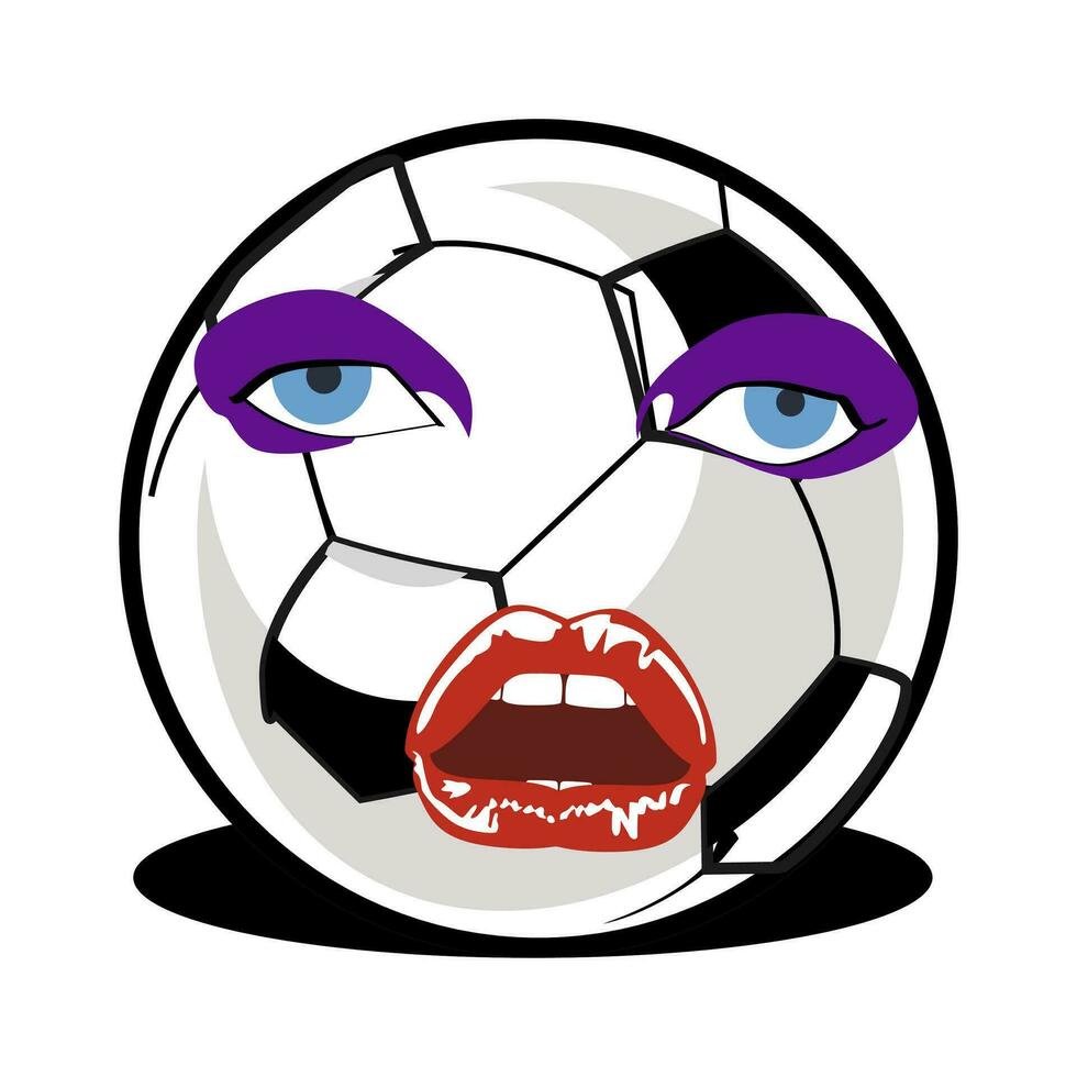 camiseta diseño de un fútbol pelota con sensual ojos y boca. humorístico vector ilustración.