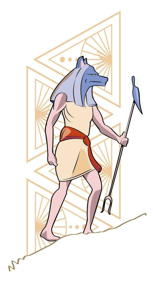 T-shirt design of the god Anubis walking a slope. Vector illustration of ancient culture