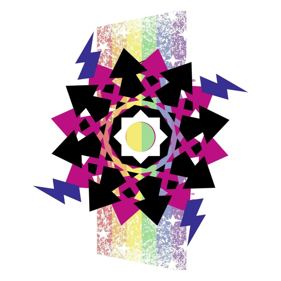 Design for a t-shirt with an abstract geometric shape with the symbol of thunder and a rainbow isolated on white. vector