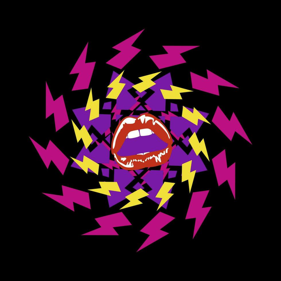 diseño para camiseta de geométrico formas con símbolos de rayos y rojo labios aislado en negro vector