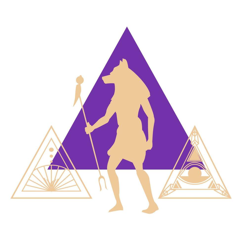 design for t-shirts of the god anubis next to a violet triangle. vector illustration on esoteric themes of ancient egypt