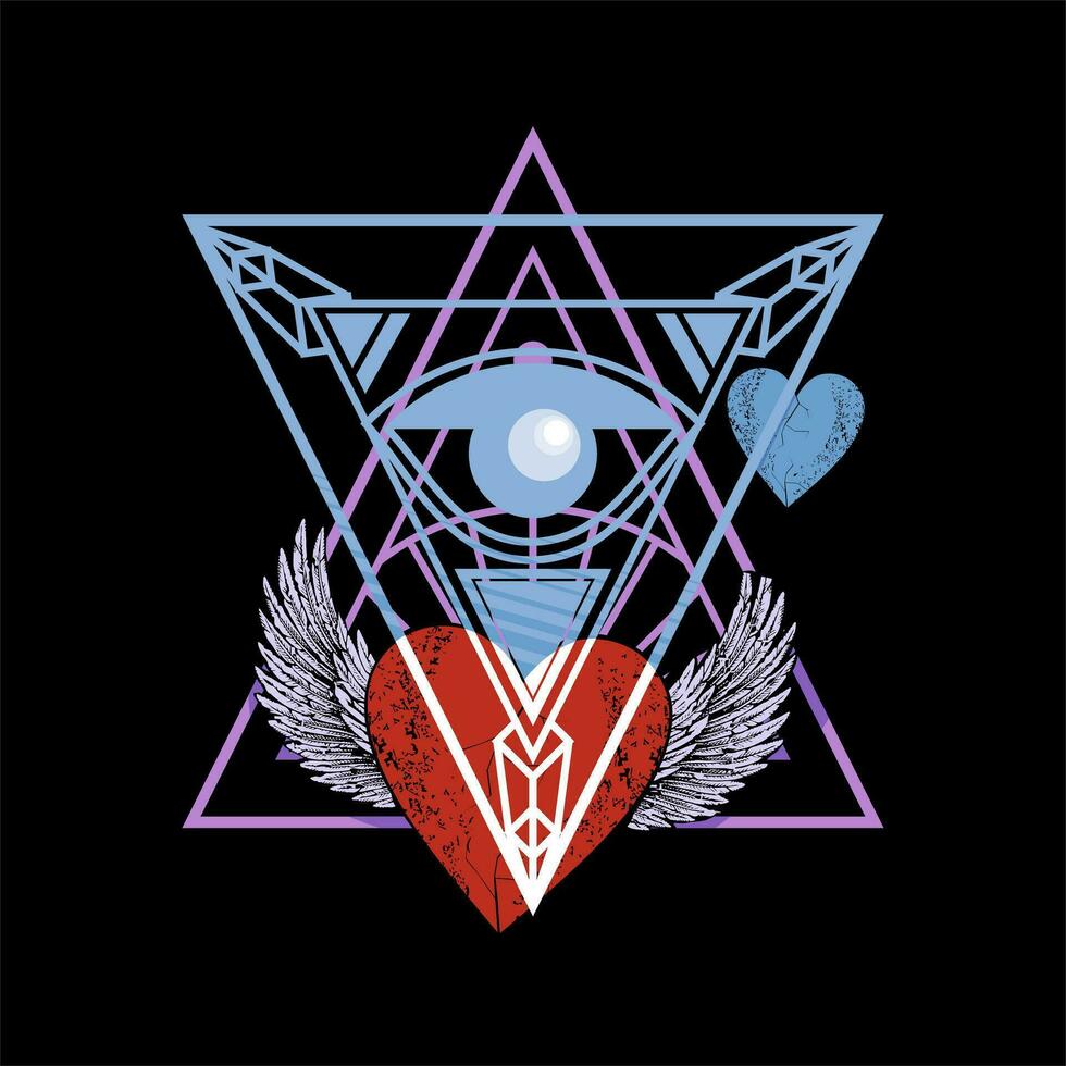 winged heart design for t-shirt with two superimposed triangles. Vector illustration for Valentine's Day.