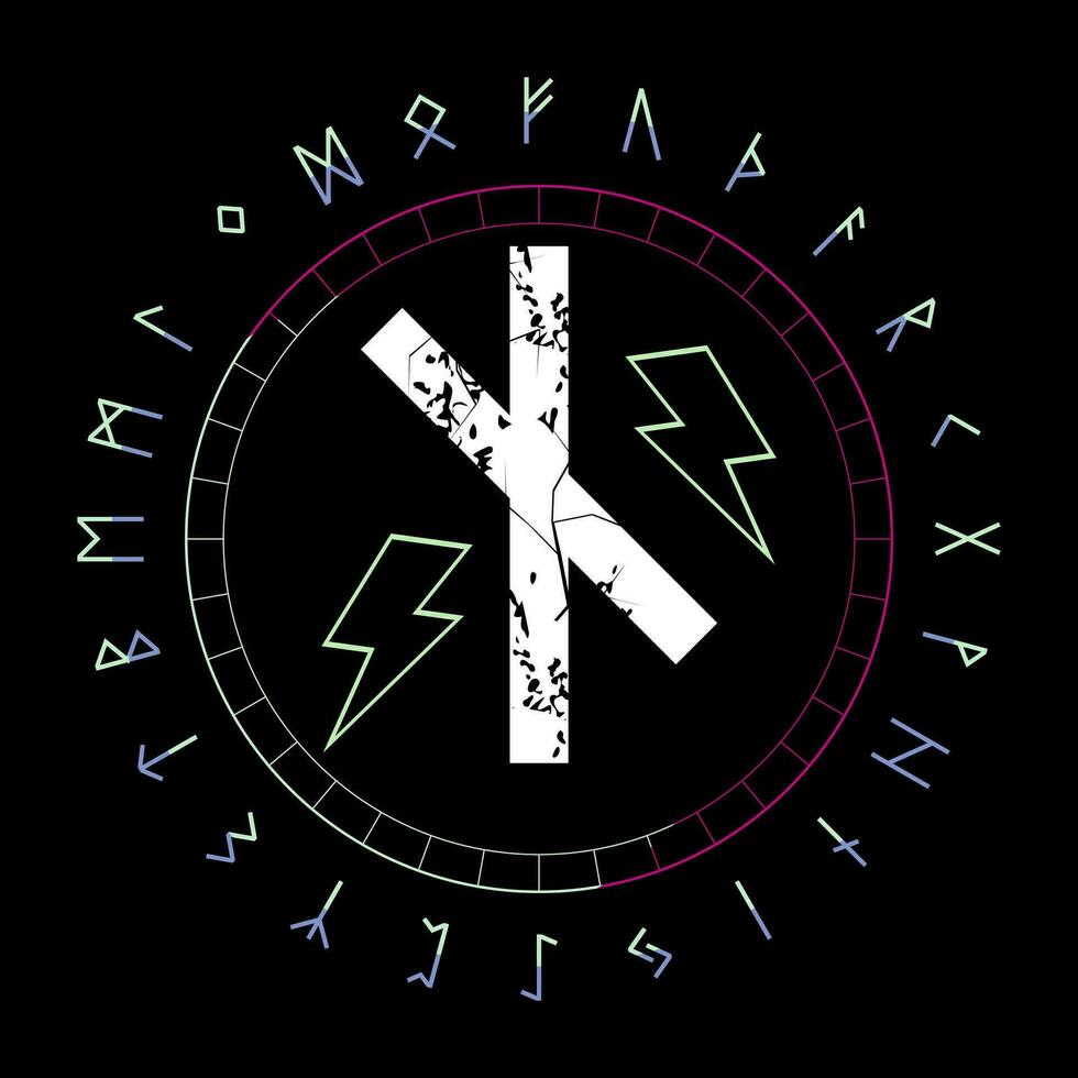 design for a runic letter t-shirt called Nauthiz next to the symbol of thunderbolt. vector illustration of runic alphabet in circular design.