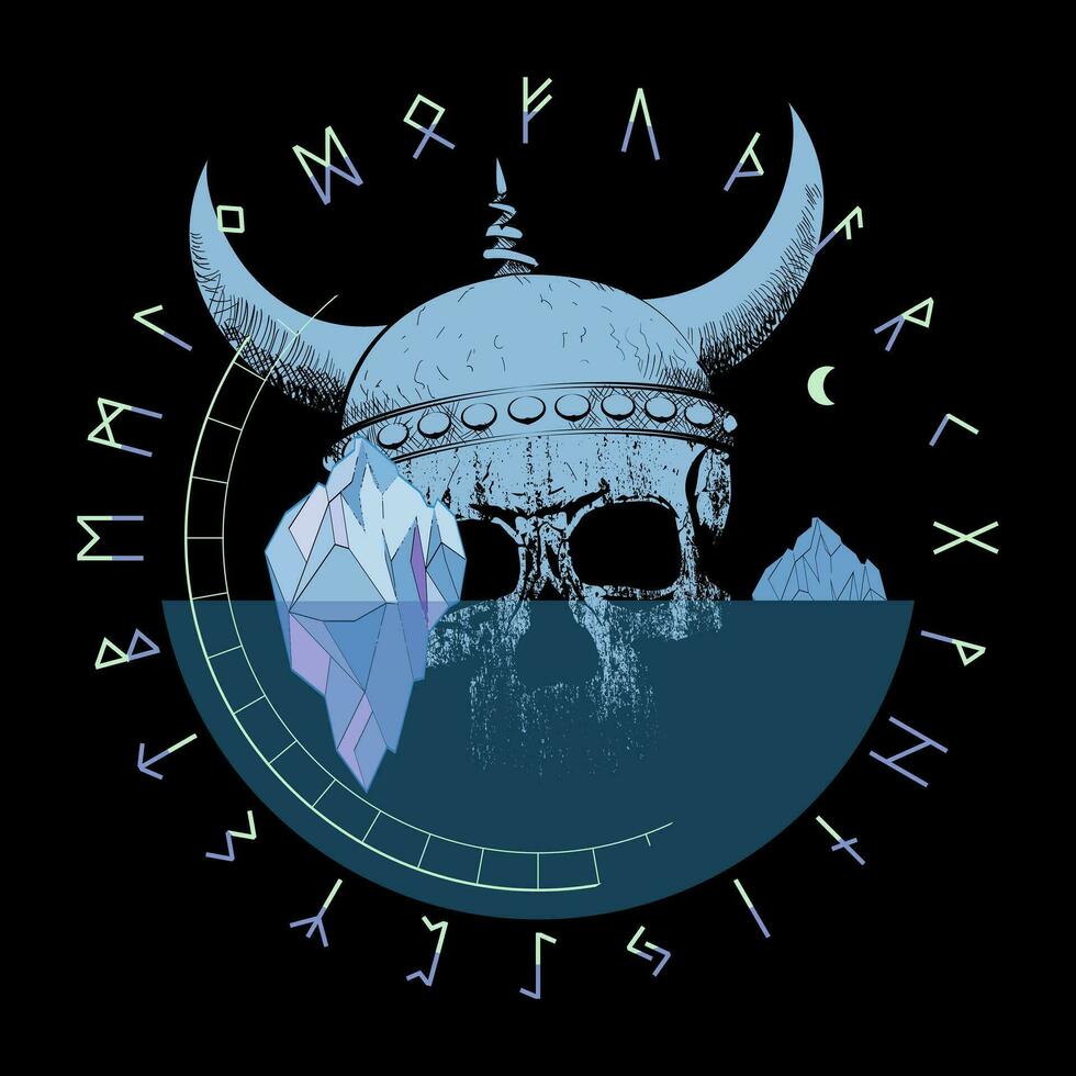 T-shirt design of a Viking skull with an iceberg. Vector illustration of the runic alphabet.