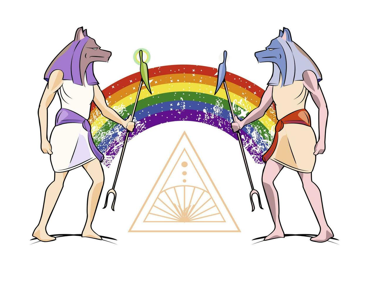 T-shirt design of two Egyptian gods united by a rainbow. Vector illustration for gay pride day