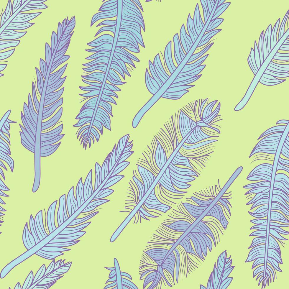 feather seamless pattern on green background. Vector illustration for the textile industry.