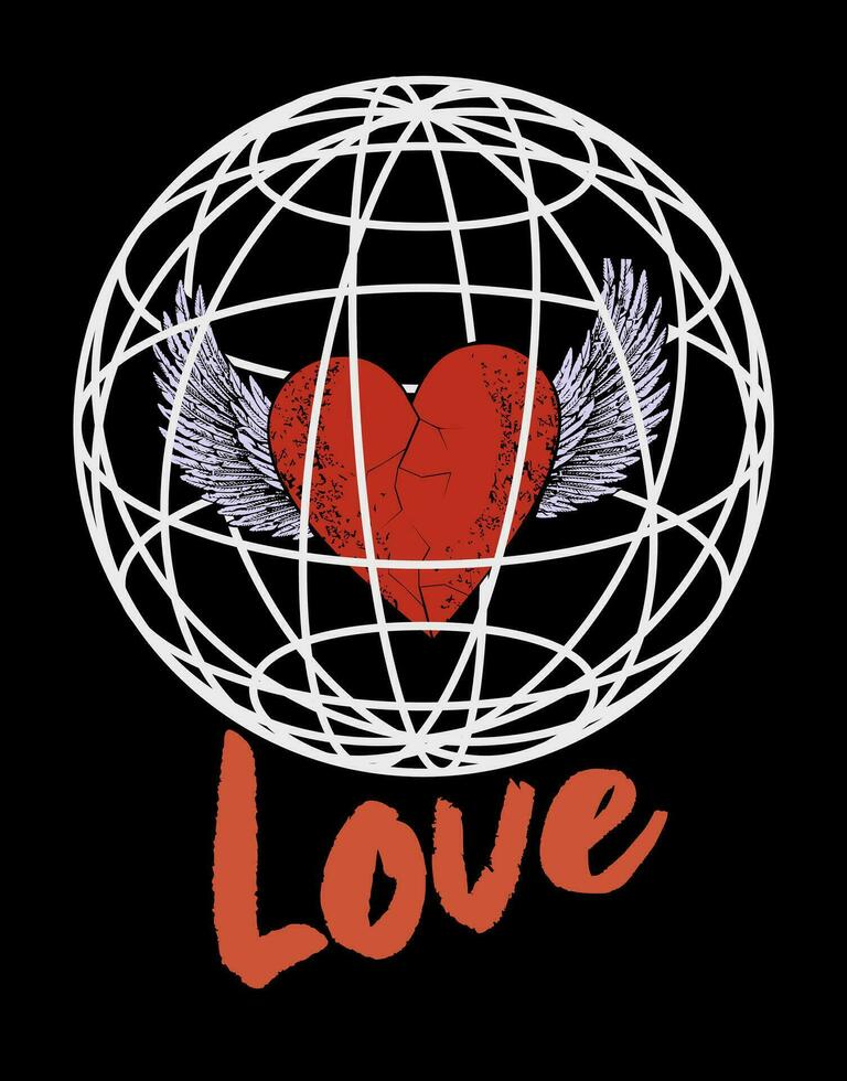 amor. diseño para un con alas corazón camiseta adjunto en un esférico forma aislado en negro. vector
