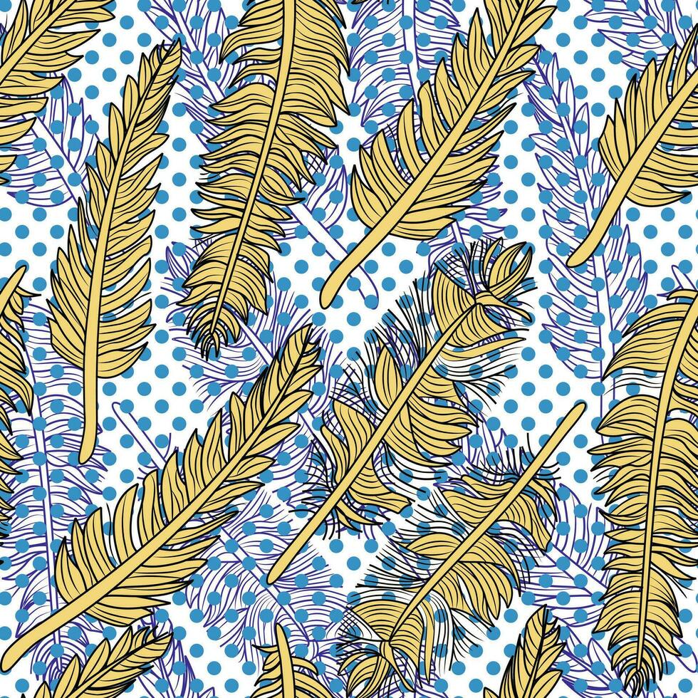 seamless pattern of yellow feathers and light blue dots. Vector illustration for the textile industry.