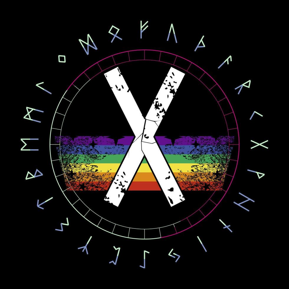 vector illustration of runic alphabet in circular design. Runic letter called Gebo next to a rainbow.