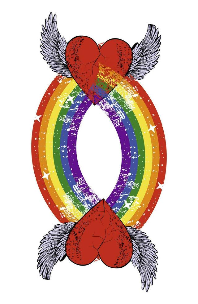 t-shirt design of two intertwined winged hearts through a multicolored rainbow. Vector illustration for gay pride day.