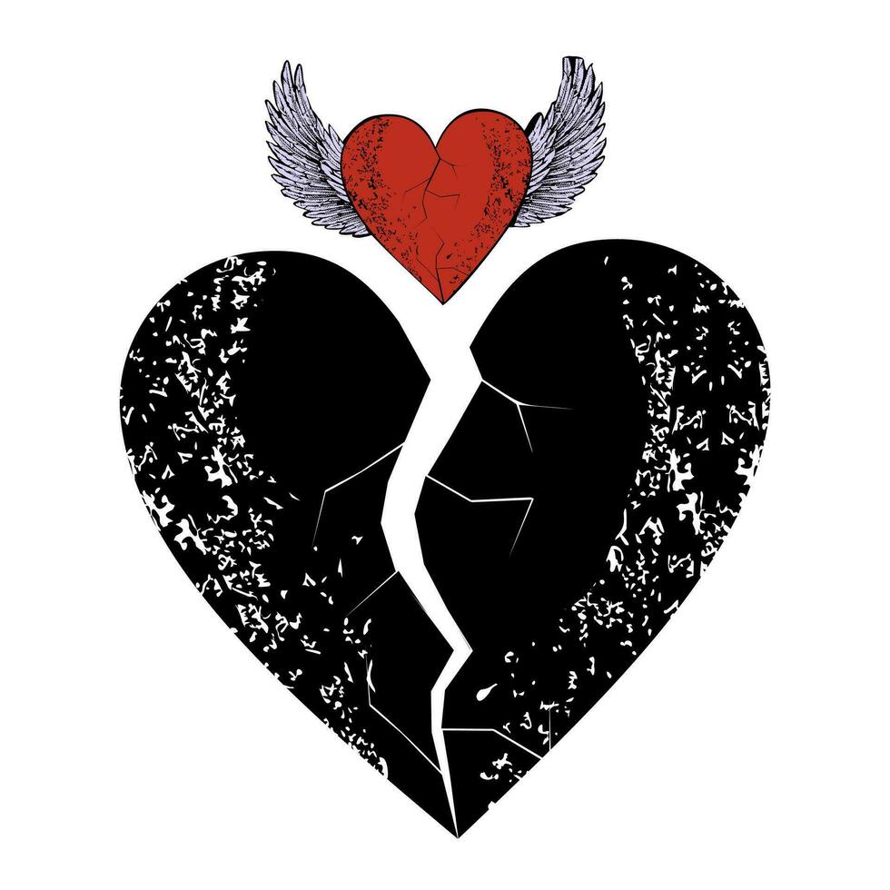 T-shirt design of a large black heart and a winged red heart isolated on white vector