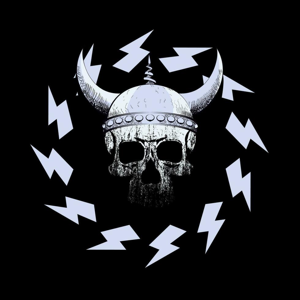 Viking skull t-shirt design with thunder symbols isolated on black. vector