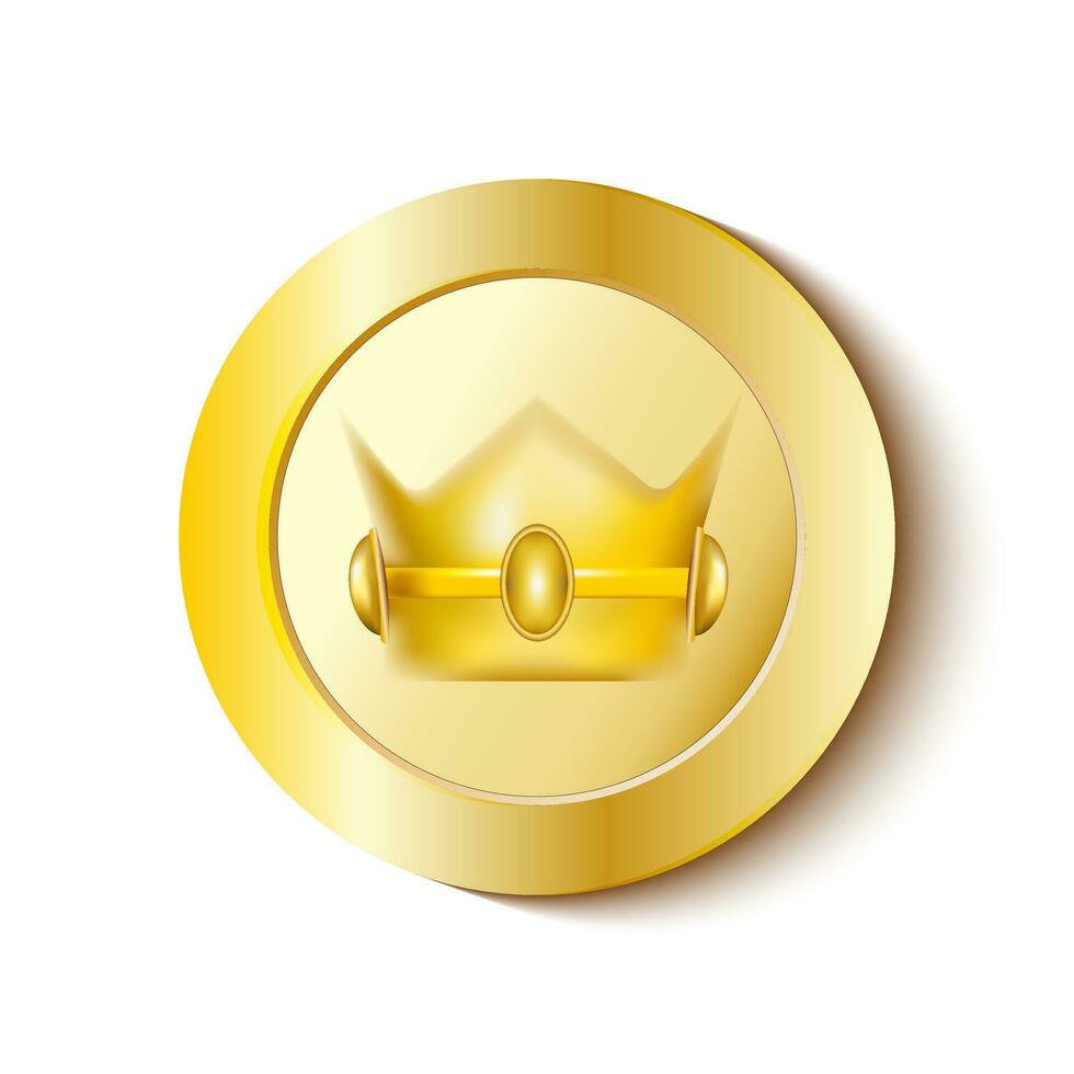 Cute 3D Super Coin with Golden Crown Level Up Gaming Reward Element Yellow Glowing Color vector