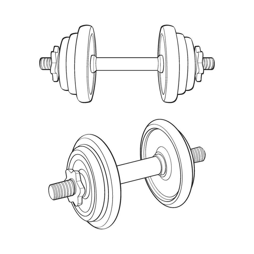 Set of Heavy sport dumbbell for gymnastics, outline sketch vector isolated with white background.