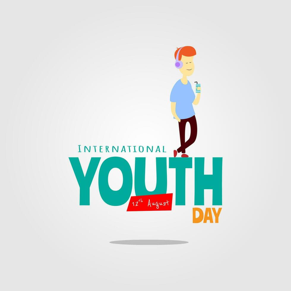 International Youth Day greetings with a teenage boy drinking and listening to music from headphones vector