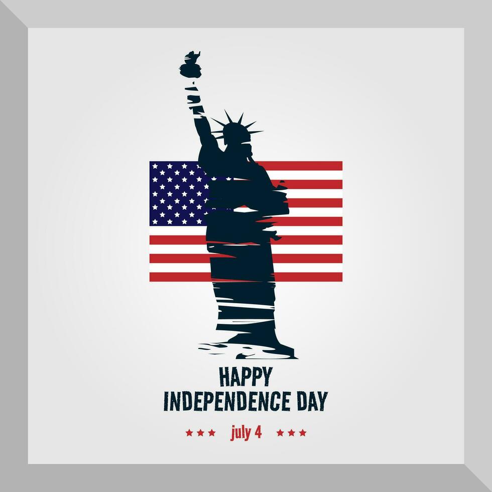 contento 4to de julio independencia día póster con silueta de estatua de libertad en frente de Estados Unidos bandera vector
