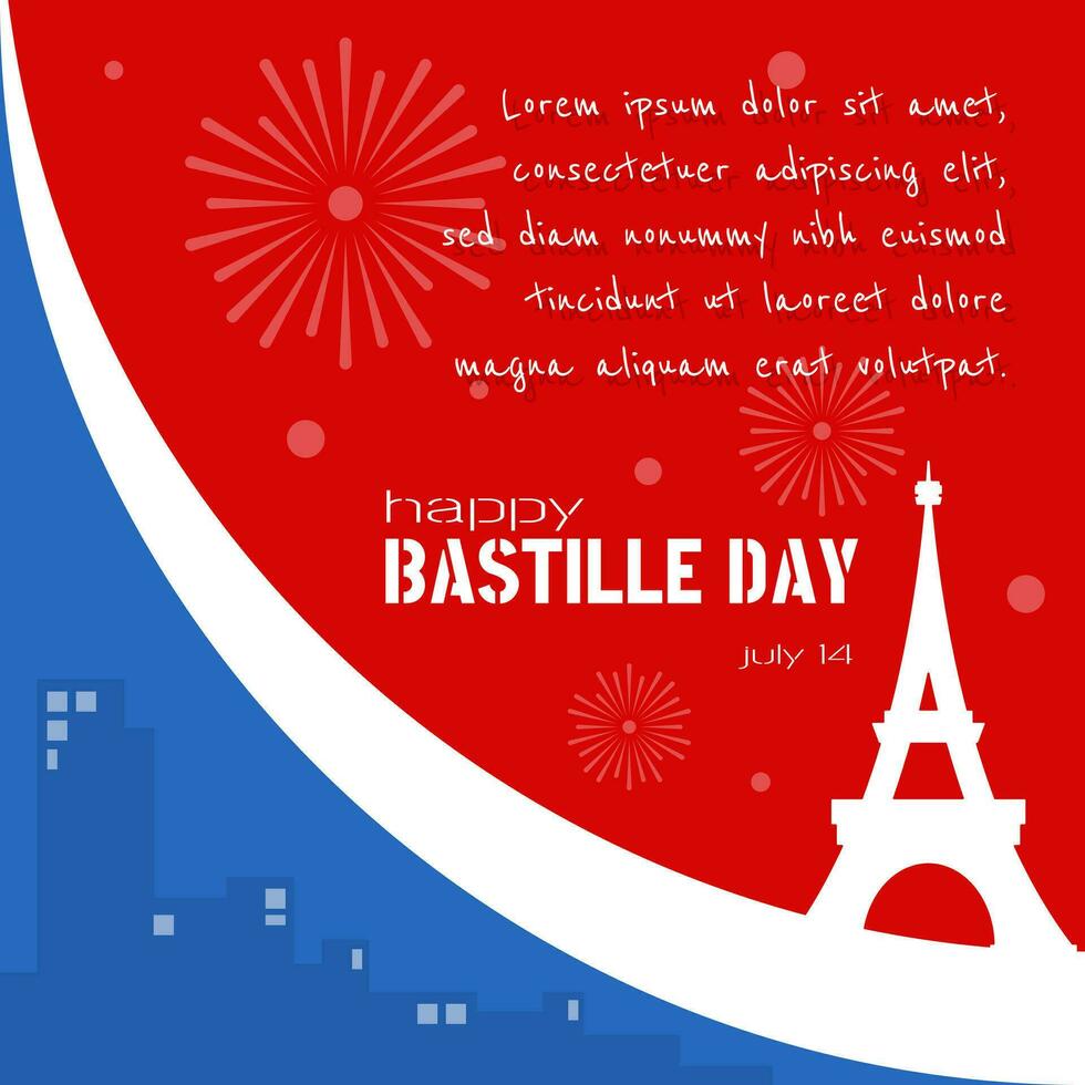 Happy Bastille Day template with french flag and silhouette of eiffel tower vector