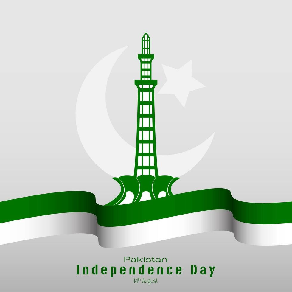 Happy Pakistan Independence Day greetings with Pakistan tower and waving ribbon vector