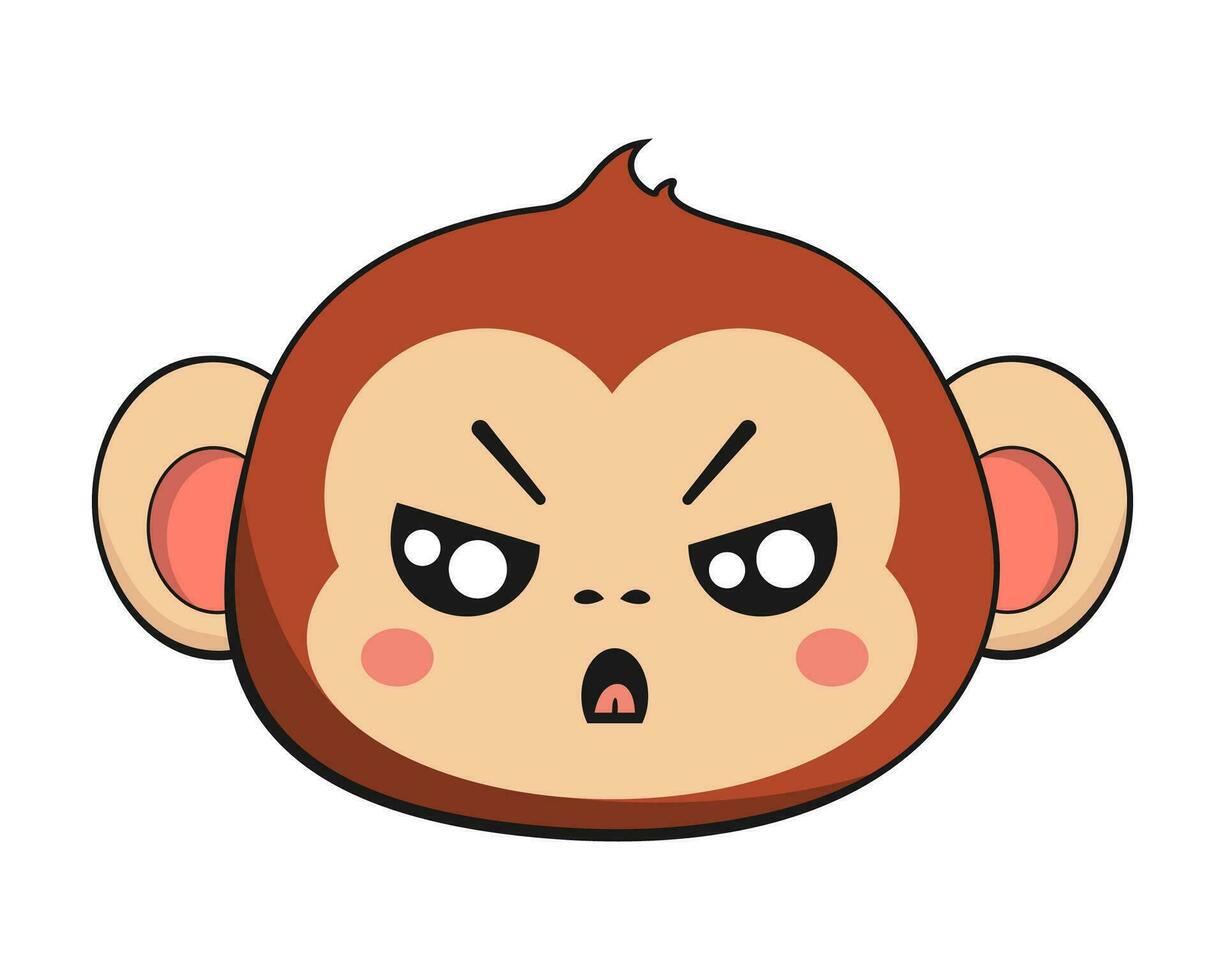 mono chimpancé enojado cara cabeza kawaii pegatina aislado vector