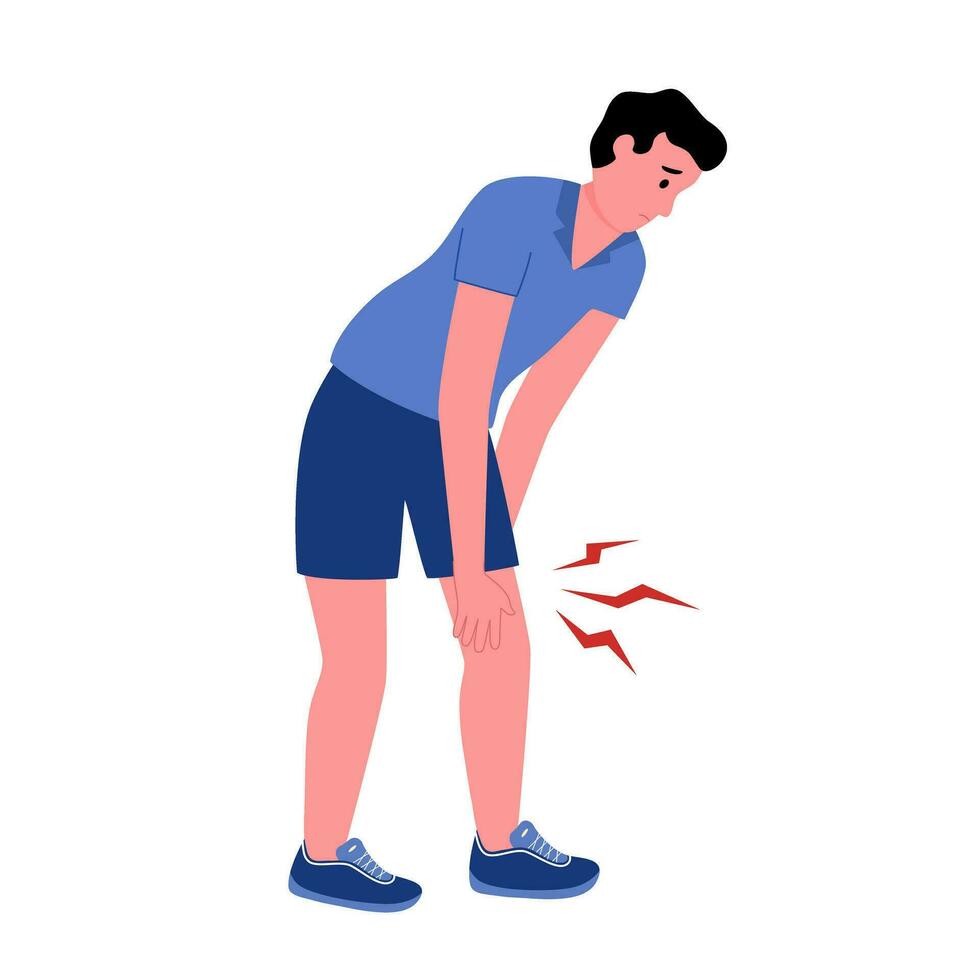 Man feel leg pain when jogging exercise in flat design. Muscle or bone problem. vector