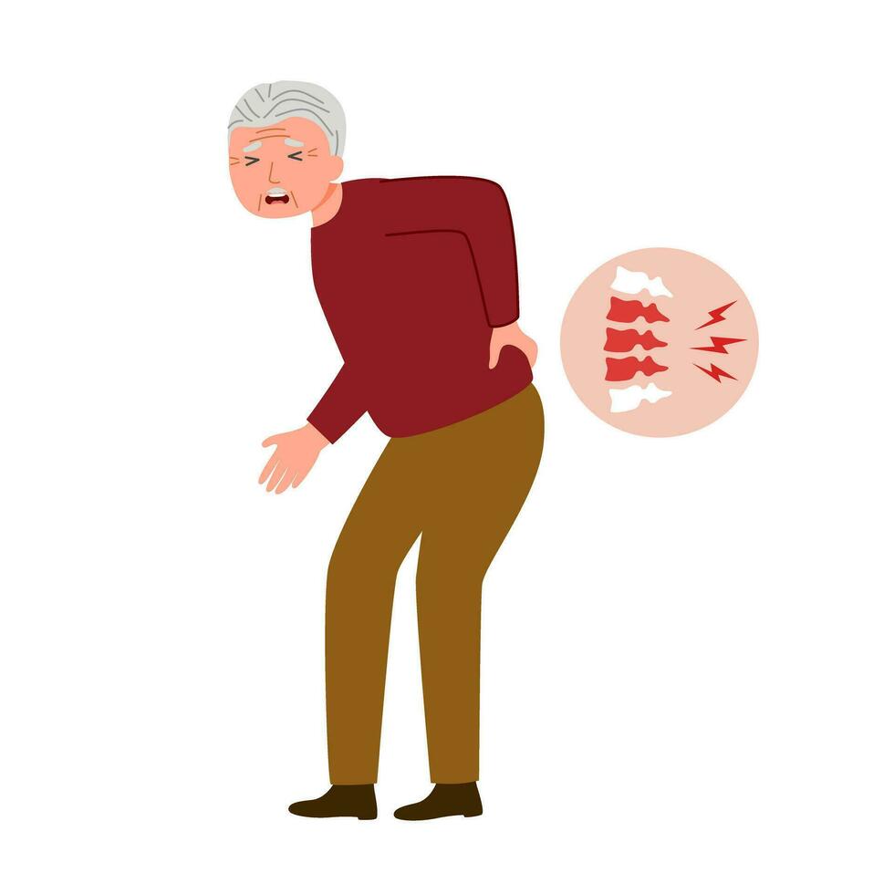 Senior man having low back pain in flat design. Backache symptom. Bone problem. vector