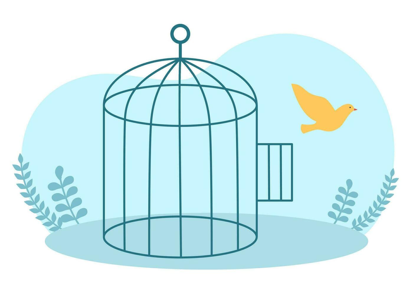 Bird flying from the cage in flat design. Birdcage freedom. vector