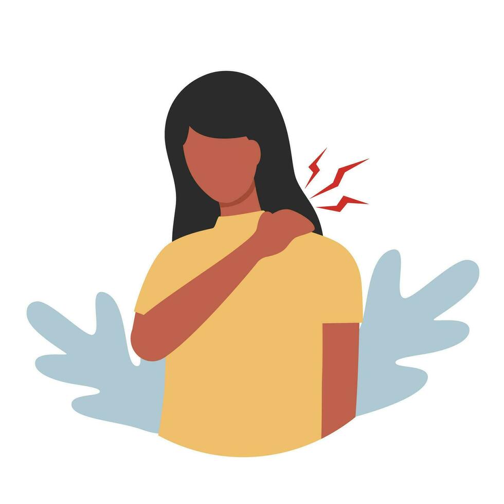 Black woman has neck and shoulder pain symptom in flat design on white background. Bone or muscle problem. Office syndrome. vector