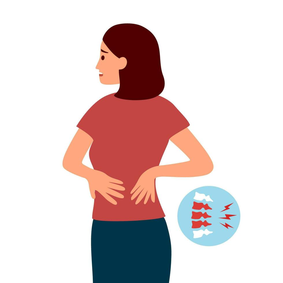 Young woman having low back pain in flat design. Backache symptom. Bone problem. vector