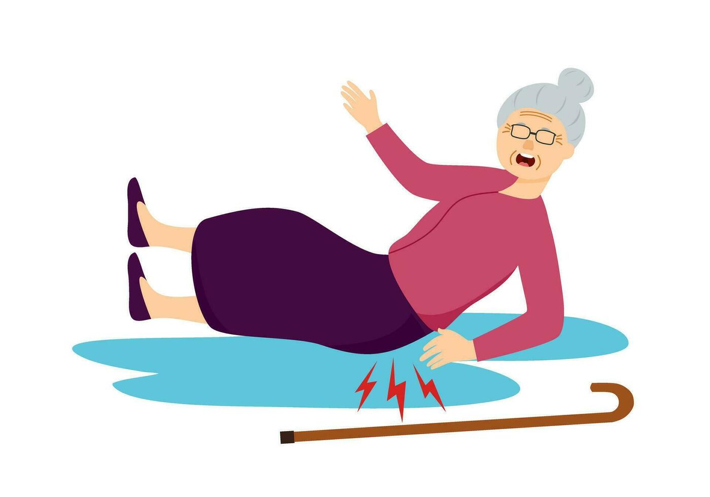 Elderly woman slip fall on wet floor in flat design on white background. Caution wet floor. vector