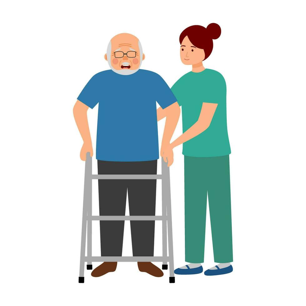 Nurse help senior man walking practice in flat design on white background. Old man with walker medical aid. vector