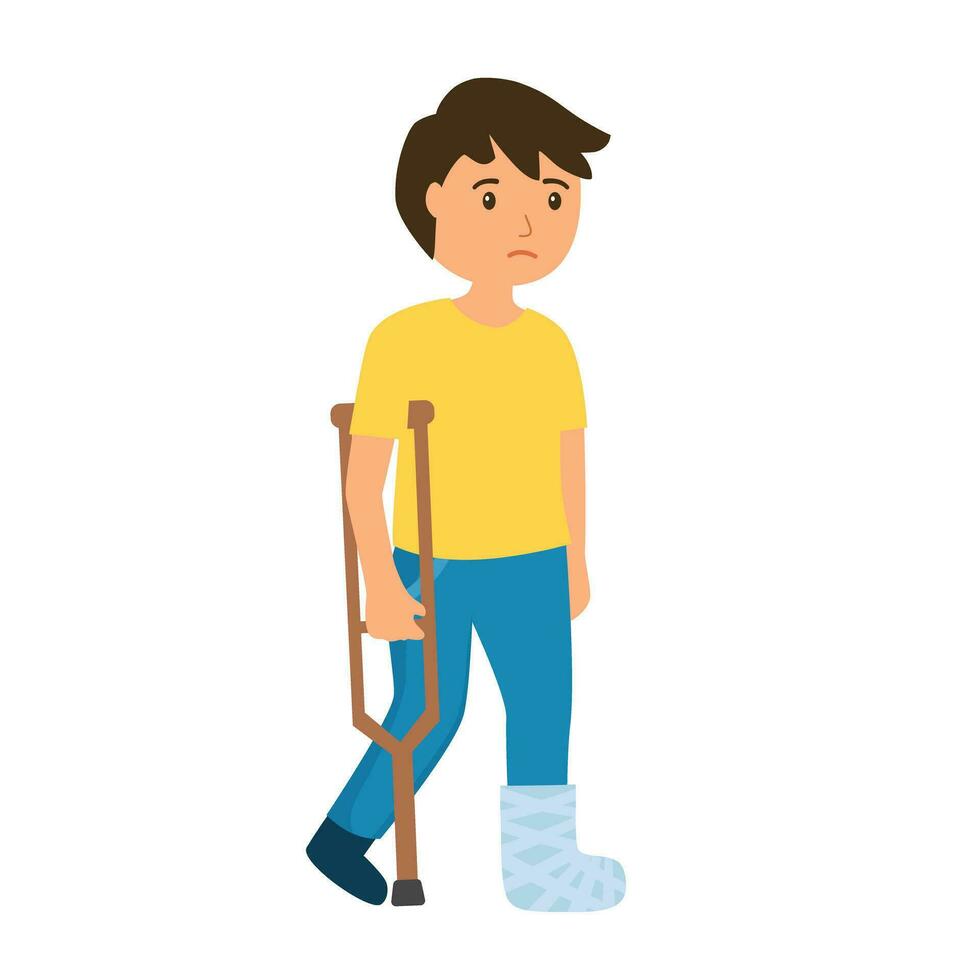 Sad boy with broken leg in flat design on white background. vector