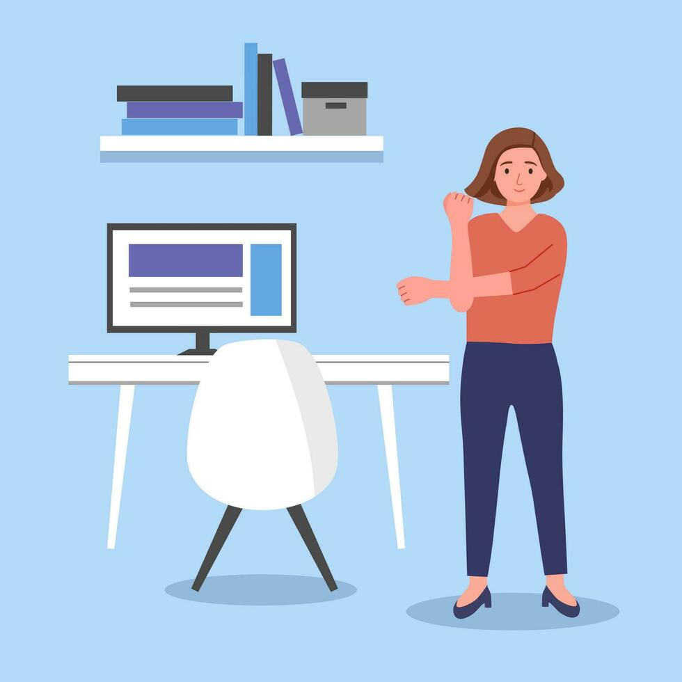 Businesswoman doing exercise in office concept vector illustration. Office syndrome prevention. Stretching exercise.