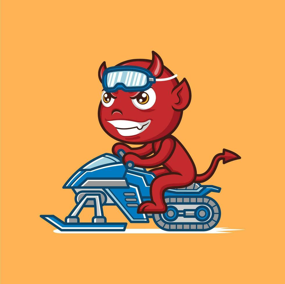 cute cartoon devil riding a snowmobile vector