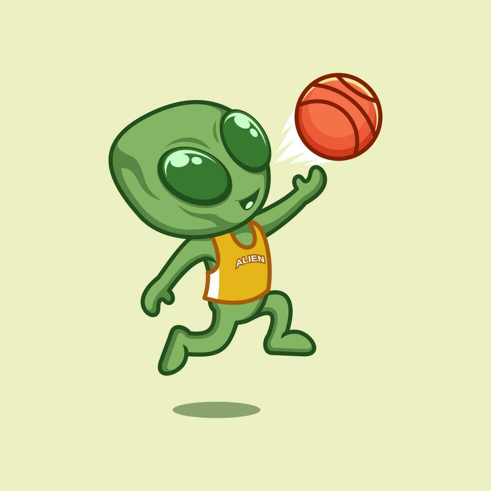 linda dibujos animados extraterrestre jugando baloncesto vector