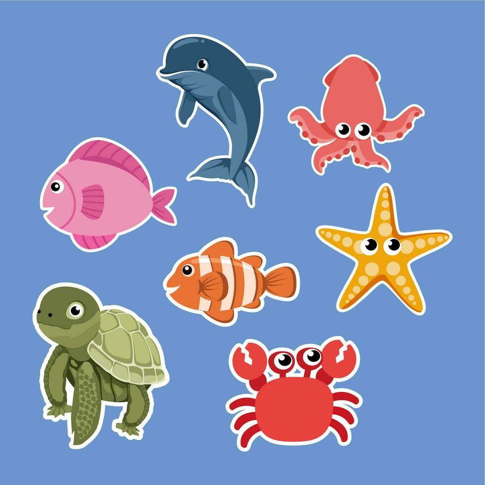 a set of illustrations of sea animals, dolphins, squid, fish, crabs vector