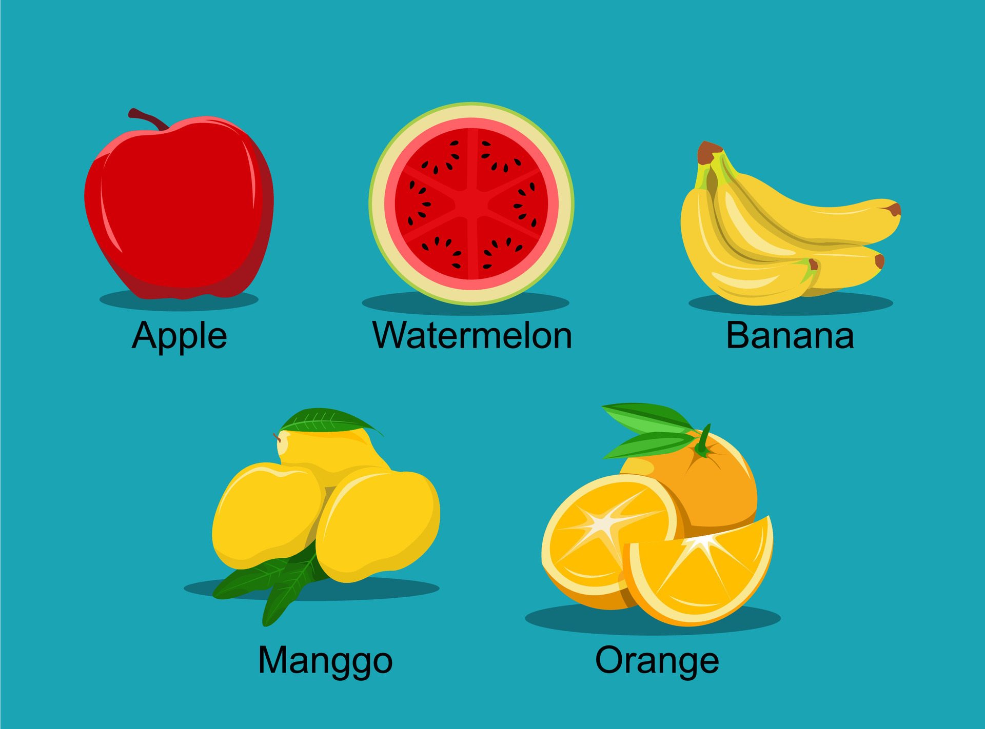 illustration of watermelon, banana, mango, orange and apple fruit