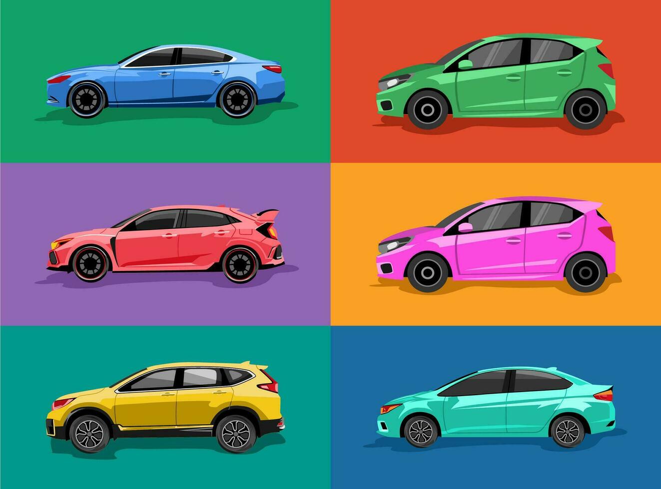 a set of illustrations of various cars vector
