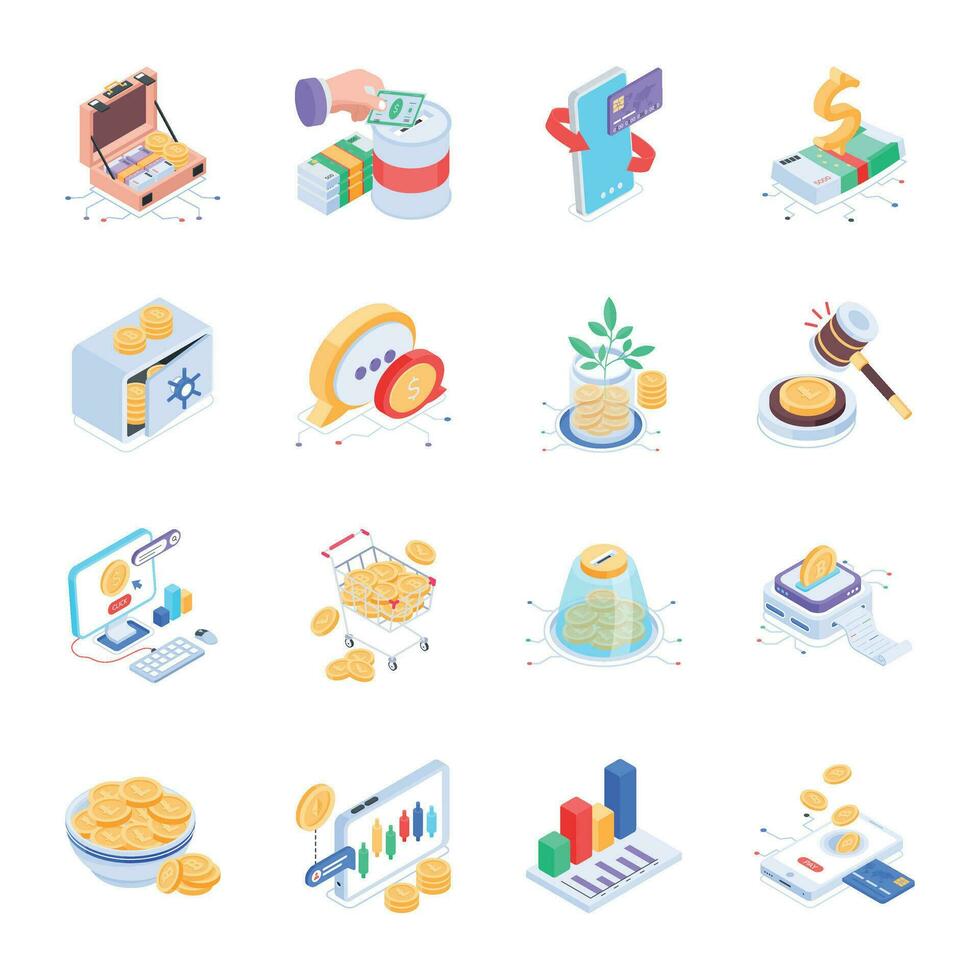 Bundle of Digital Currencies Isometric Icons vector