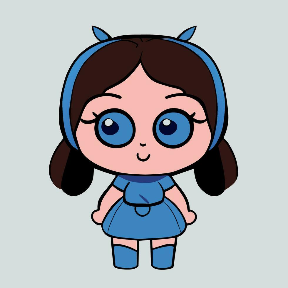 vector cute girl in a pink bow and blue dress
