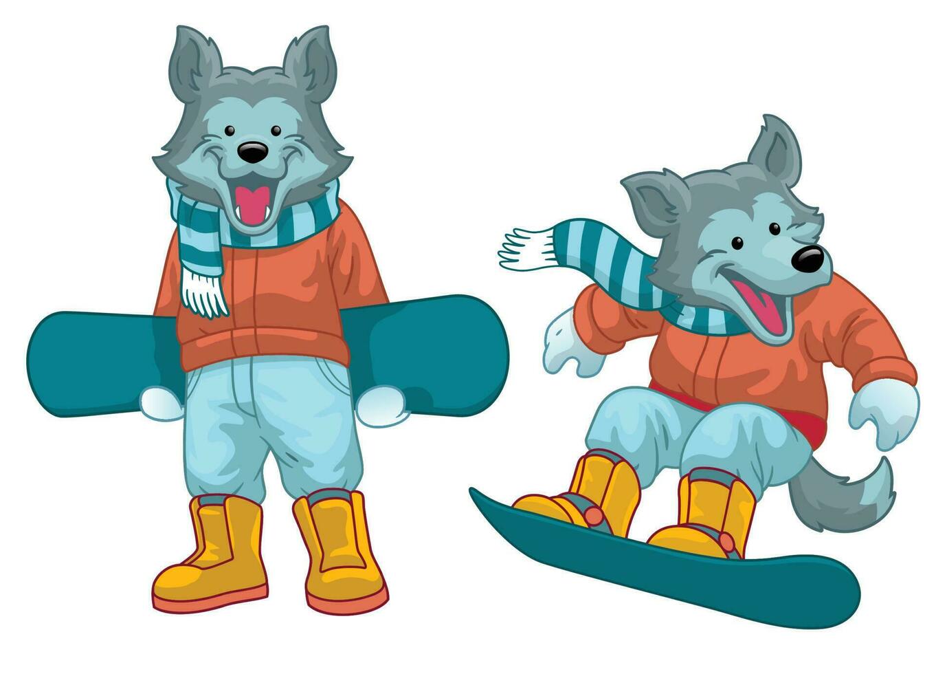 Set of cartoon wolf playing snowboard vector