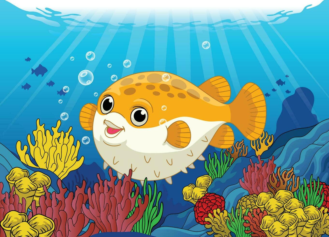 Cute cartoon Puffer Fish in the Coral vector