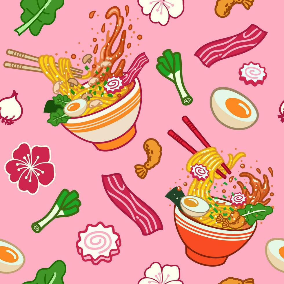 Anime seamless background of japanese ramen food vector
