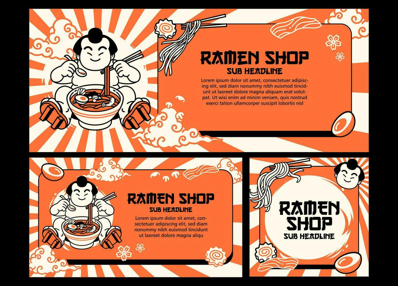 Collection of Japanese Sumo Eating Ramen Banner Vector Illustration