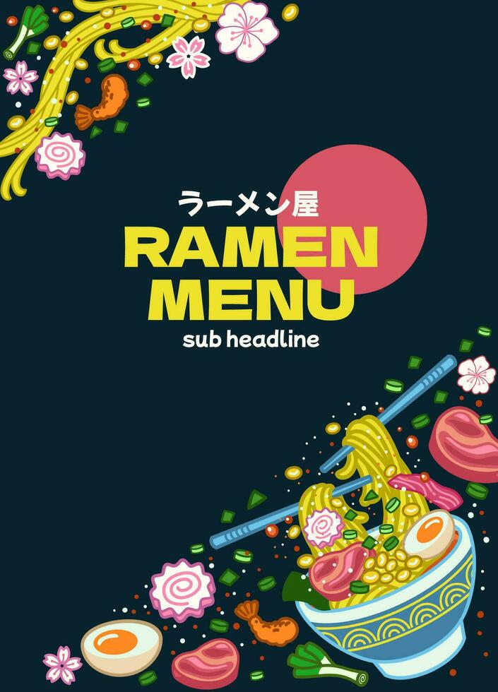 Japanese background with ramen noodle and ingredient japanese script means ramen shop vector