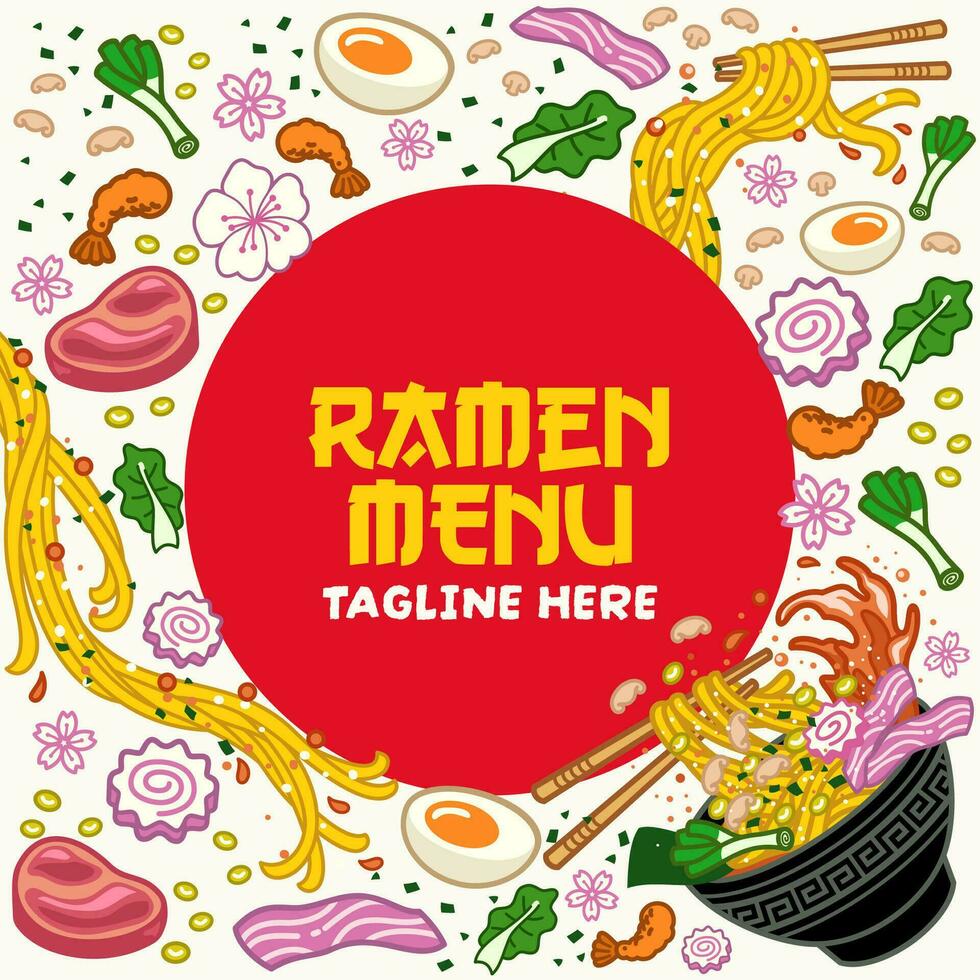 Japanese style vector illustration background with ramen noodle and ingredient