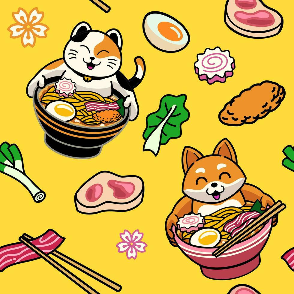 Seamless background of cute anime cat bath in bowl of ramen pattern vector