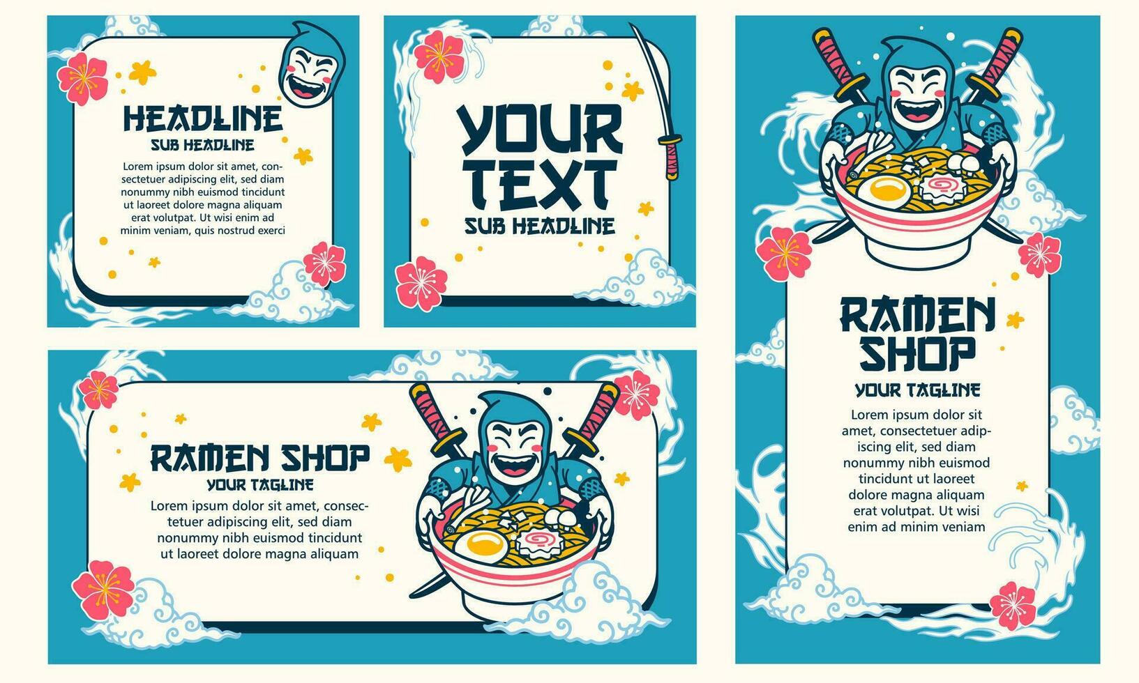 Set of Ninja Bath in Bowl of Ramen Vector Illustration