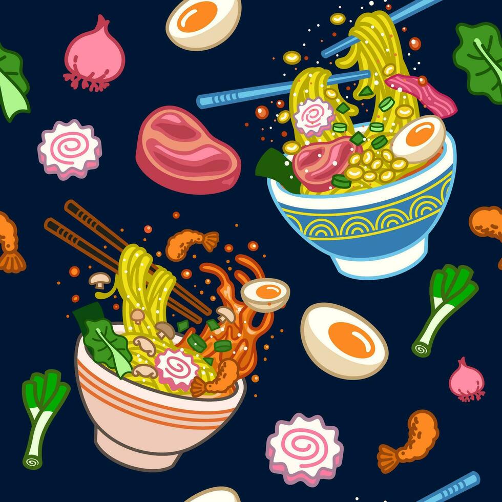 Seamless pattern of japanese ramen and ingredient vector illustration